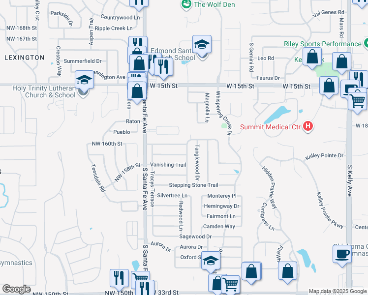 map of restaurants, bars, coffee shops, grocery stores, and more near 2000 Lazybrook Trail in Edmond
