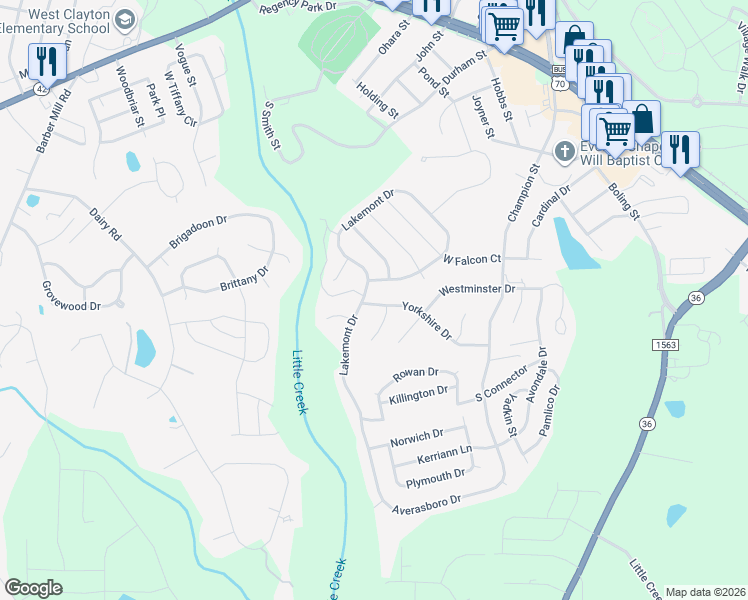 map of restaurants, bars, coffee shops, grocery stores, and more near 837 Yorkshire Drive in Clayton