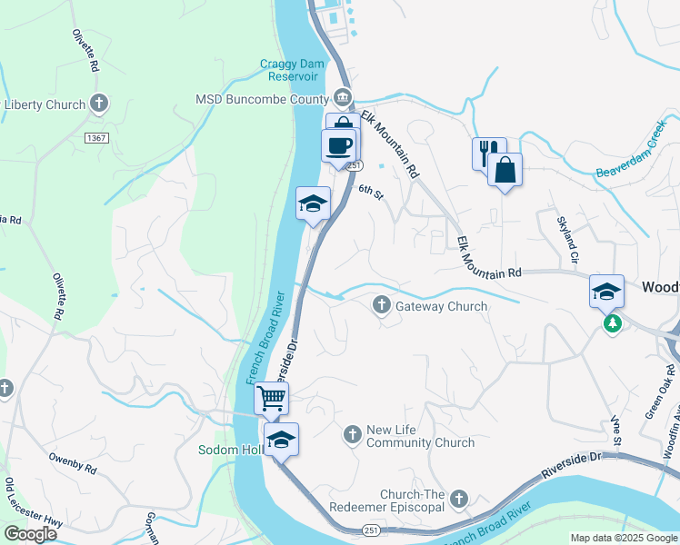 map of restaurants, bars, coffee shops, grocery stores, and more near 22 Trey-Bourne Drive in Woodfin