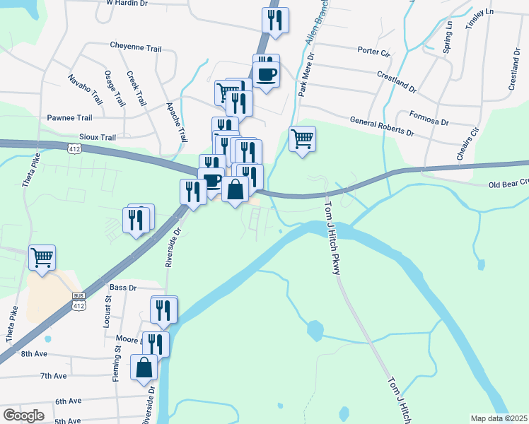 map of restaurants, bars, coffee shops, grocery stores, and more near 142 Bear Creek Pike in Columbia