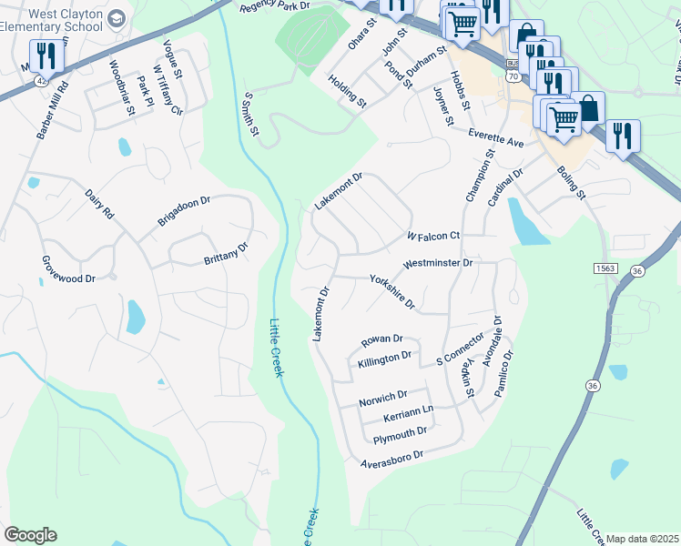 map of restaurants, bars, coffee shops, grocery stores, and more near 851 Yorkshire Drive in Clayton