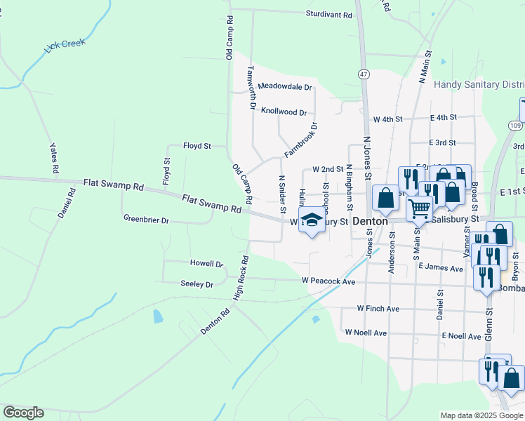 map of restaurants, bars, coffee shops, grocery stores, and more near 520 West Salisbury Street in Denton