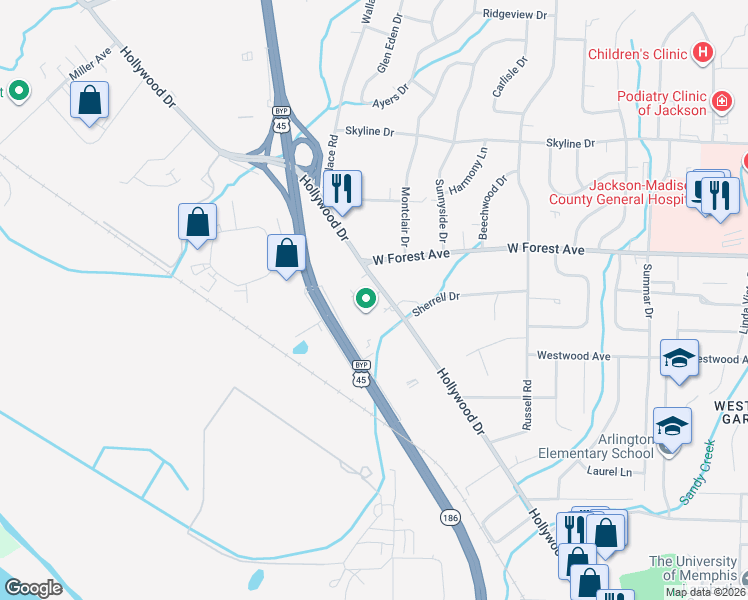 map of restaurants, bars, coffee shops, grocery stores, and more near 1356 Hollywood Drive in Jackson