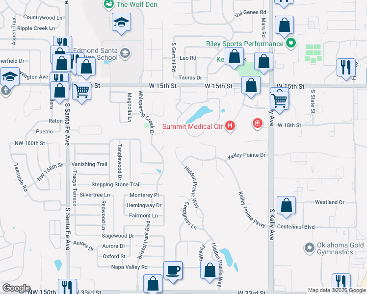 map of restaurants, bars, coffee shops, grocery stores, and more near 1900 Hidden Prairie Court in Edmond