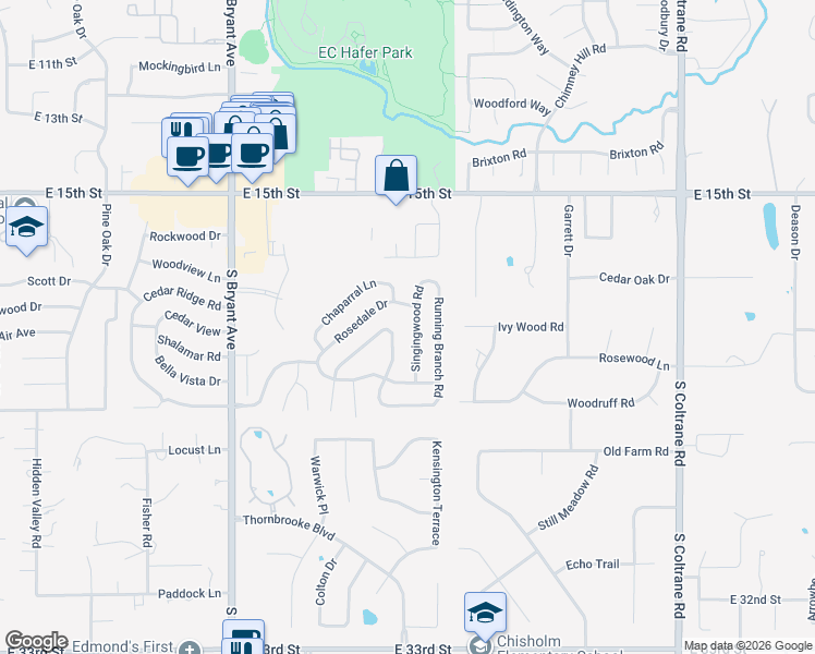 map of restaurants, bars, coffee shops, grocery stores, and more near 1901 Singingwood Road in Edmond