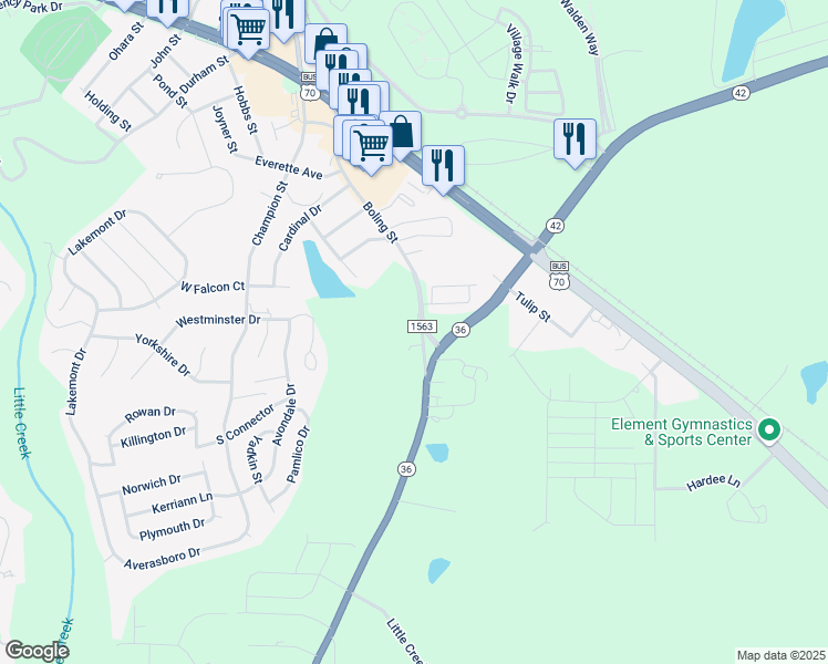 map of restaurants, bars, coffee shops, grocery stores, and more near 6235 Little Creek Church Road in Clayton