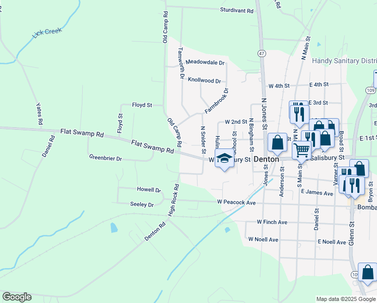 map of restaurants, bars, coffee shops, grocery stores, and more near 520 West Salisbury Street in Denton