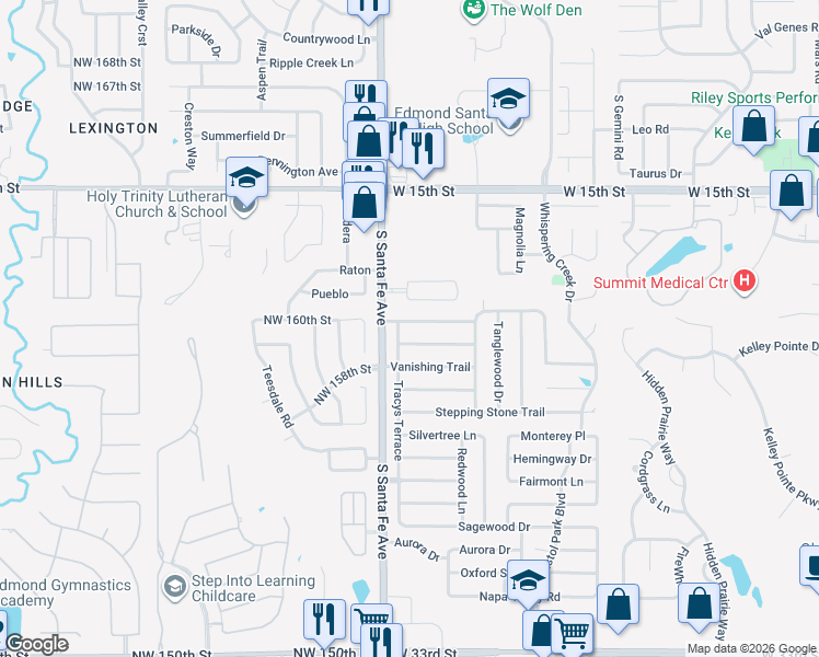 map of restaurants, bars, coffee shops, grocery stores, and more near 2112 Lazybrook Trail in Edmond