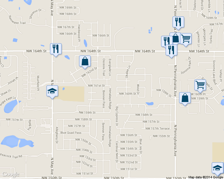 map of restaurants, bars, coffee shops, grocery stores, and more near 16120 Himalaya Ridge in Edmond