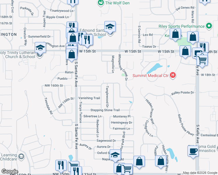 map of restaurants, bars, coffee shops, grocery stores, and more near 2008 Tanglewood Drive in Edmond