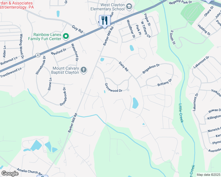 map of restaurants, bars, coffee shops, grocery stores, and more near 1224 Grovewood Drive in Clayton