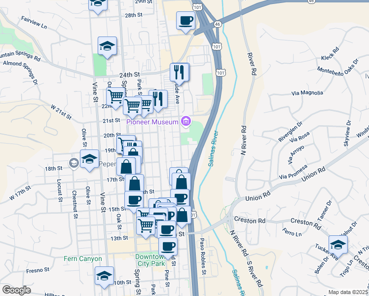 map of restaurants, bars, coffee shops, grocery stores, and more near 1844 Riverside Avenue in Paso Robles