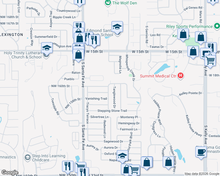 map of restaurants, bars, coffee shops, grocery stores, and more near 2000 Lazybrook Trail in Edmond