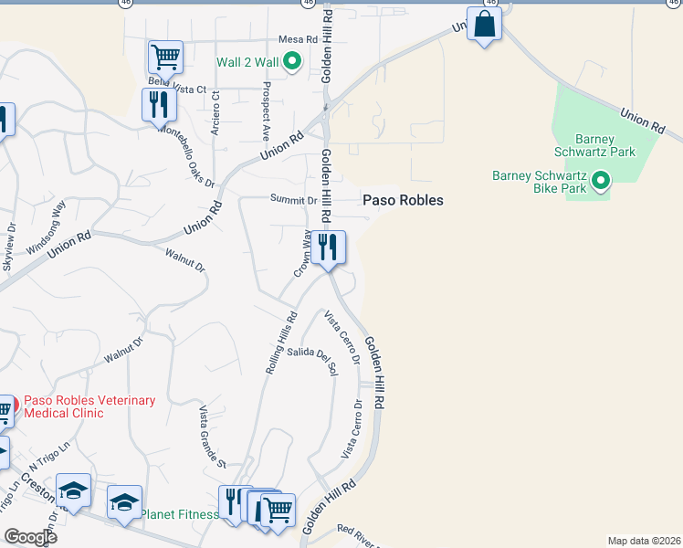 map of restaurants, bars, coffee shops, grocery stores, and more near 1225 Kapareil Lane in Paso Robles