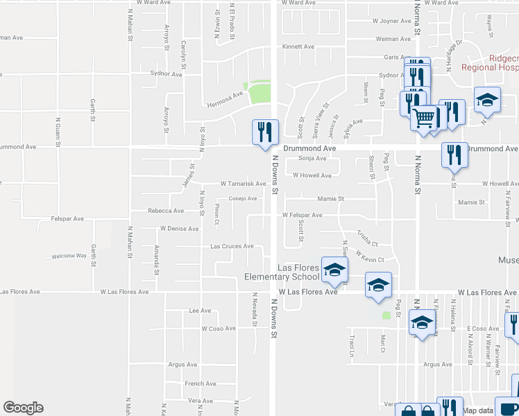 map of restaurants, bars, coffee shops, grocery stores, and more near 707 La Paloma Street in Ridgecrest