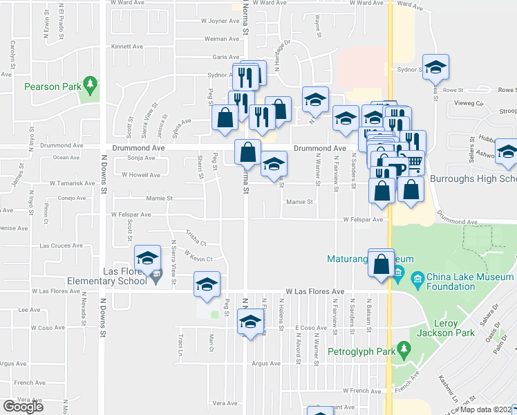 map of restaurants, bars, coffee shops, grocery stores, and more near 722 North Norma Street in Ridgecrest