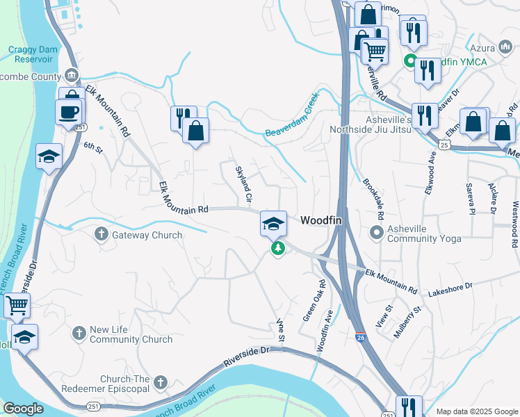 map of restaurants, bars, coffee shops, grocery stores, and more near 99999 Elk Mountain Road in Woodfin