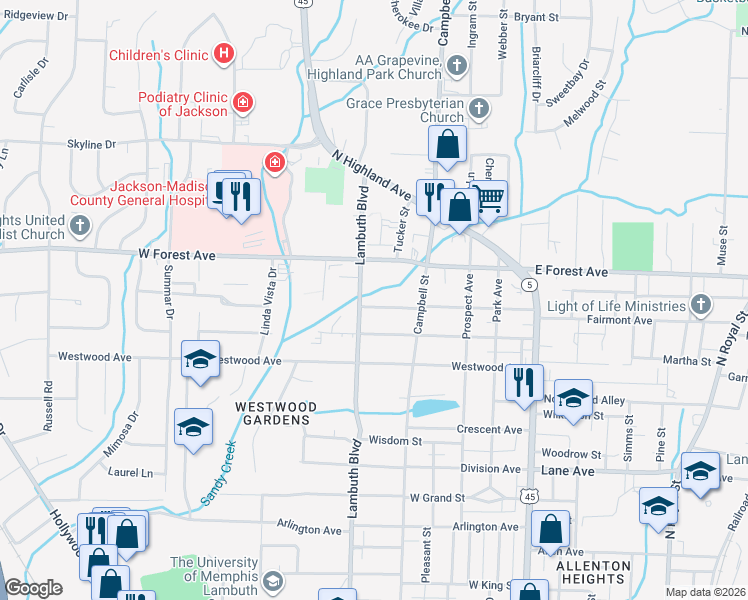 map of restaurants, bars, coffee shops, grocery stores, and more near 445 Walnut Street in Jackson