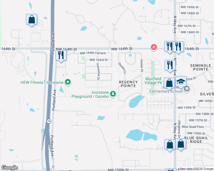map of restaurants, bars, coffee shops, grocery stores, and more near 3320 Northwest 159th Street in Edmond
