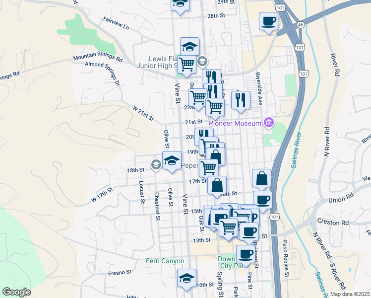 map of restaurants, bars, coffee shops, grocery stores, and more near 1902 Vine Street in Paso Robles