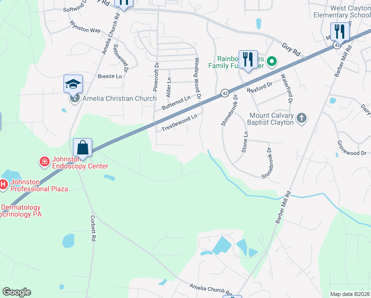 map of restaurants, bars, coffee shops, grocery stores, and more near 136 Wood Bend Court in Clayton