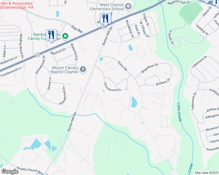 map of restaurants, bars, coffee shops, grocery stores, and more near 1236 Grovewood Drive in Clayton