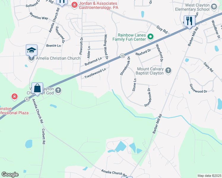 map of restaurants, bars, coffee shops, grocery stores, and more near 249 Walnut Creek Drive in Clayton