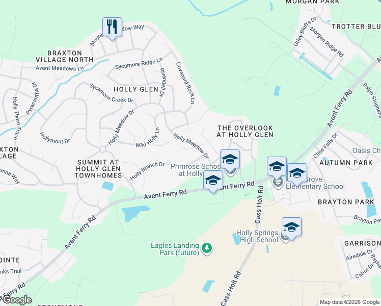 map of restaurants, bars, coffee shops, grocery stores, and more near 213 Highland Springs Lane in Holly Springs