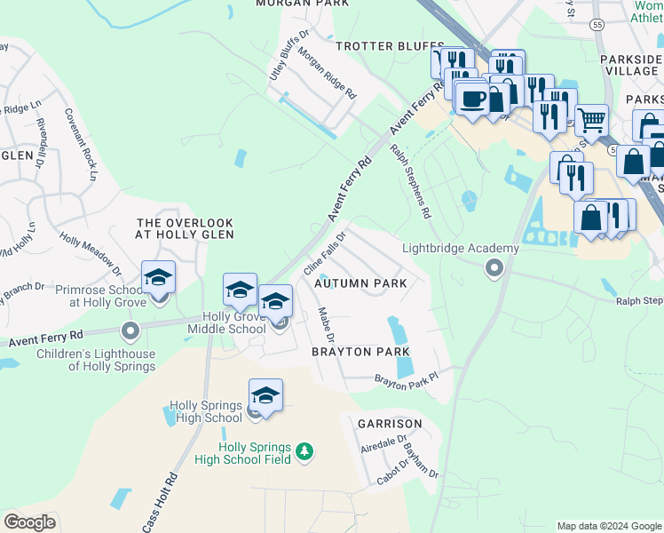map of restaurants, bars, coffee shops, grocery stores, and more near 108 Chandler Springs Drive in Holly Springs