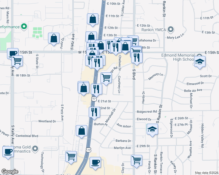 map of restaurants, bars, coffee shops, grocery stores, and more near 1828 Chelsea Drive in Edmond