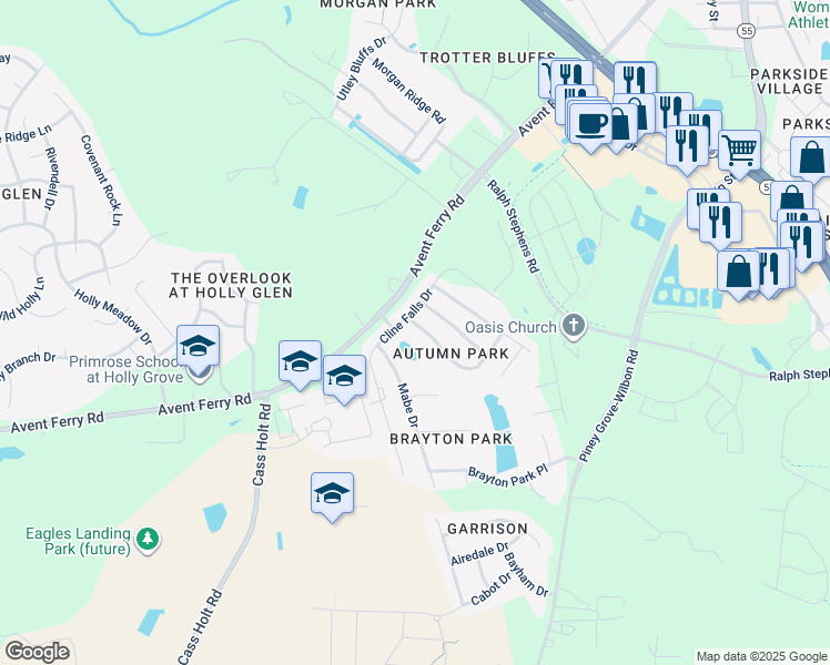 map of restaurants, bars, coffee shops, grocery stores, and more near 108 Chandler Springs Drive in Holly Springs