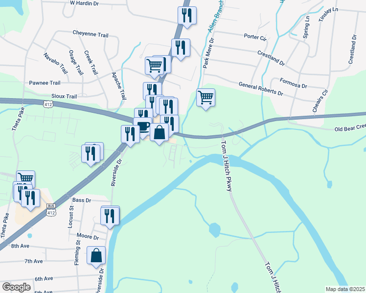 map of restaurants, bars, coffee shops, grocery stores, and more near 142 Bear Creek Pike in Columbia
