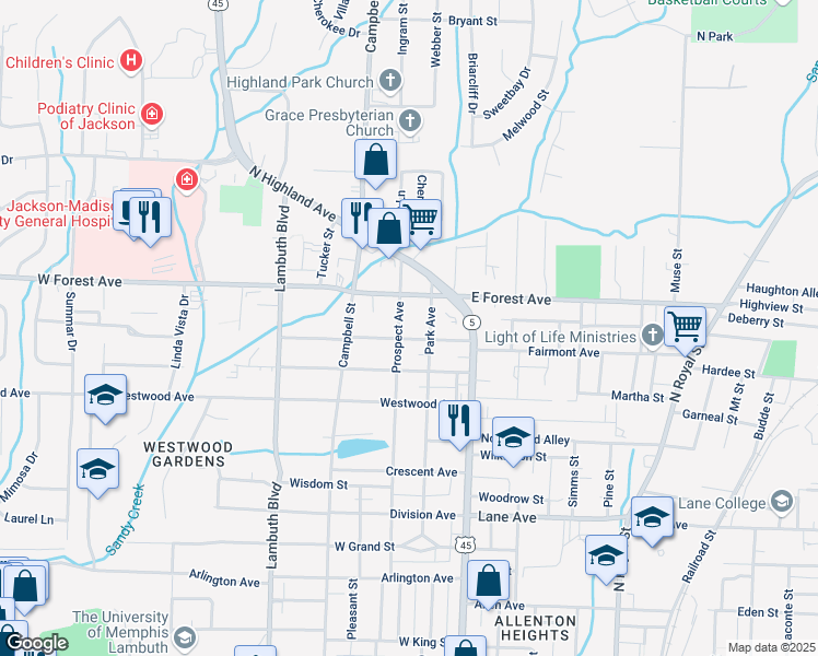 map of restaurants, bars, coffee shops, grocery stores, and more near 215 Walnut Street in Jackson