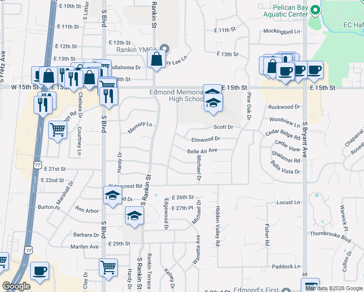 map of restaurants, bars, coffee shops, grocery stores, and more near 613 Belle Air Avenue in Edmond