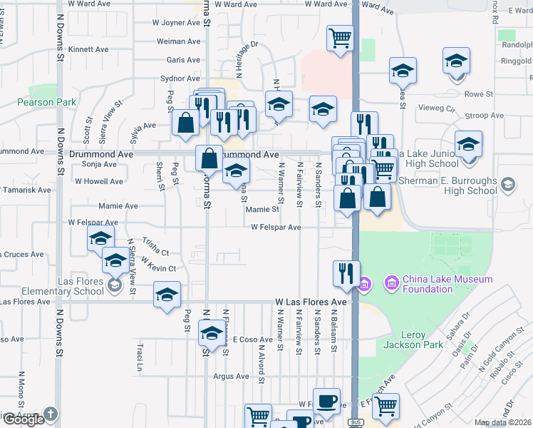 map of restaurants, bars, coffee shops, grocery stores, and more near 313 Mamie Street in Ridgecrest