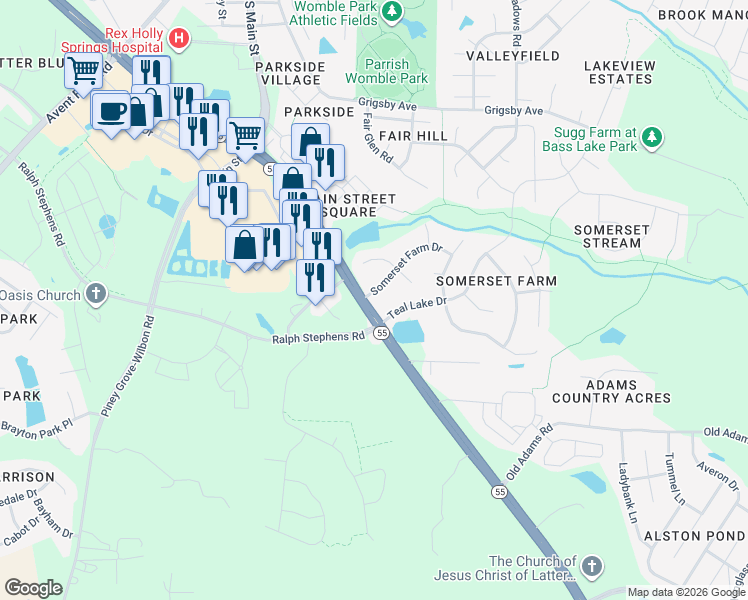 map of restaurants, bars, coffee shops, grocery stores, and more near 101 Somerset Farm Drive in Holly Springs