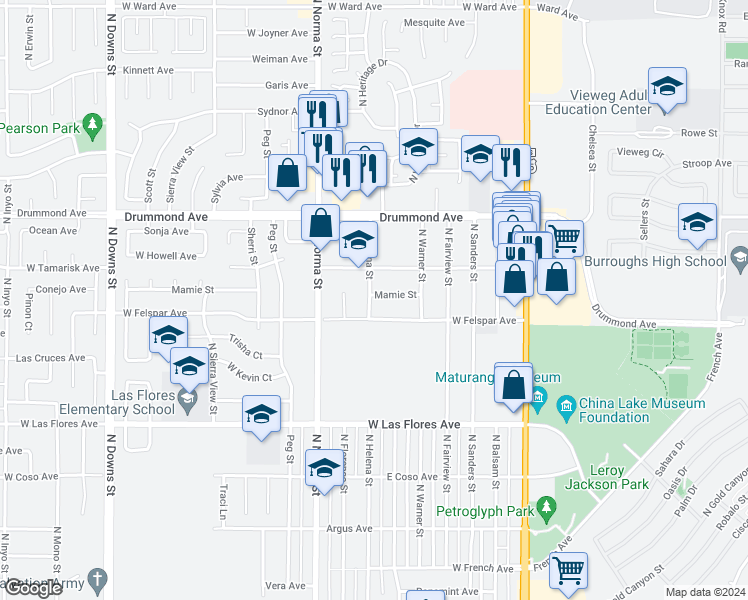 map of restaurants, bars, coffee shops, grocery stores, and more near 333 Mamie Street in Ridgecrest