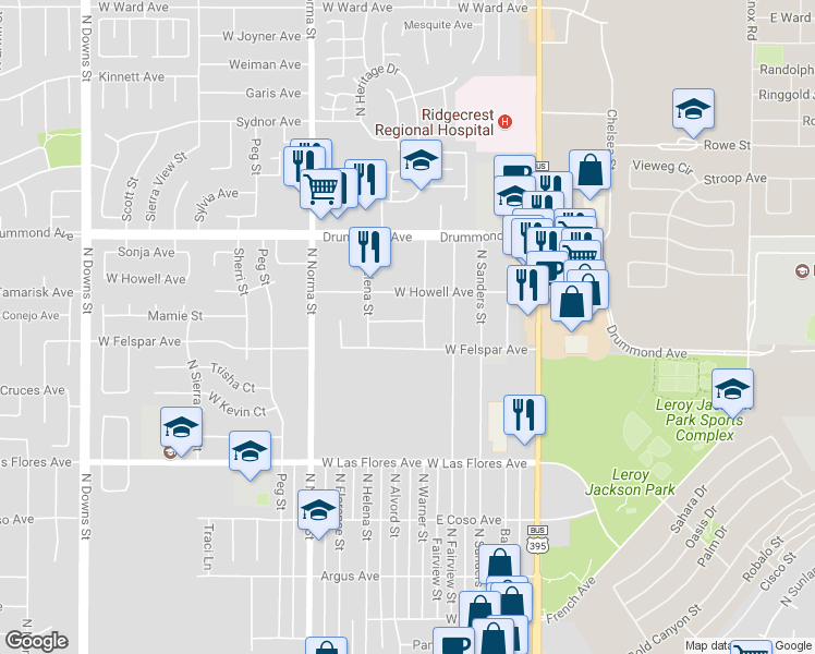 map of restaurants, bars, coffee shops, grocery stores, and more near 309 Mamie Street in Ridgecrest