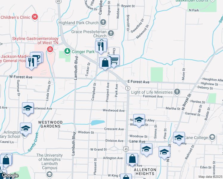 map of restaurants, bars, coffee shops, grocery stores, and more near 215 Walnut St in Jackson