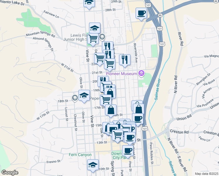 map of restaurants, bars, coffee shops, grocery stores, and more near 1900 Spring Street in Paso Robles