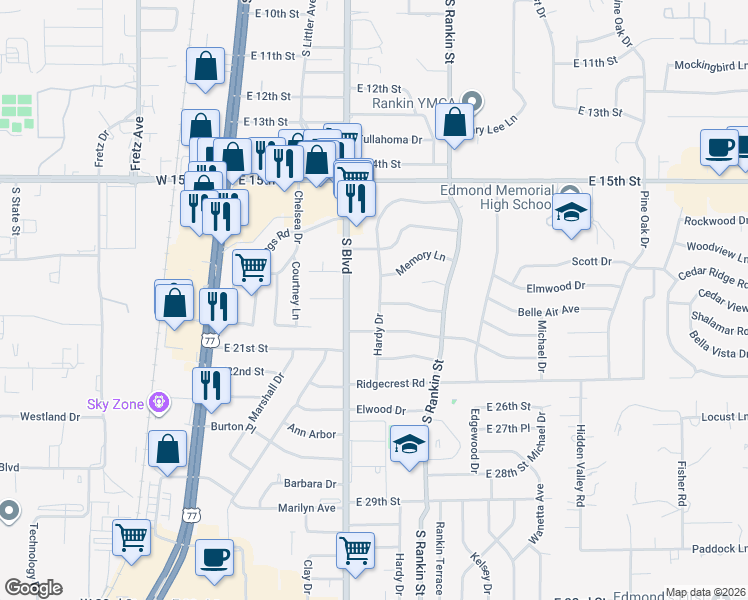 map of restaurants, bars, coffee shops, grocery stores, and more near 1900 South Boulevard in Edmond