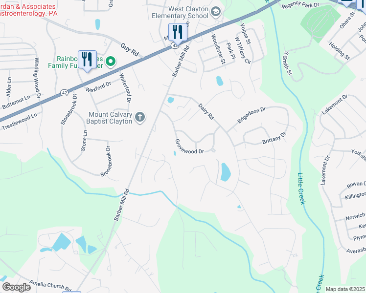 map of restaurants, bars, coffee shops, grocery stores, and more near 1236 Grovewood Drive in Clayton