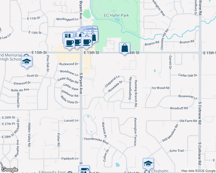 map of restaurants, bars, coffee shops, grocery stores, and more near 1720 Chaparral Lane in Edmond