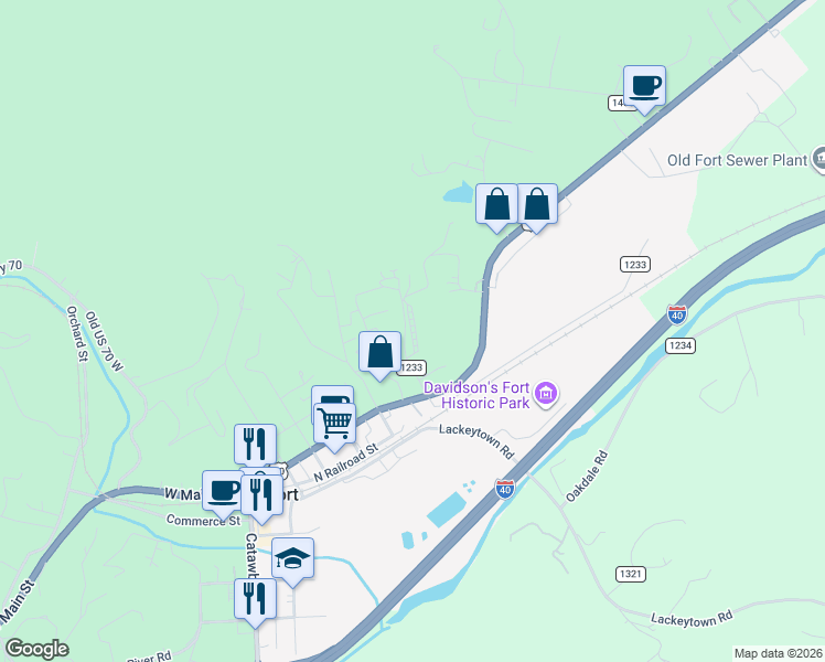 map of restaurants, bars, coffee shops, grocery stores, and more near 158 South Redtown Road in Old Fort
