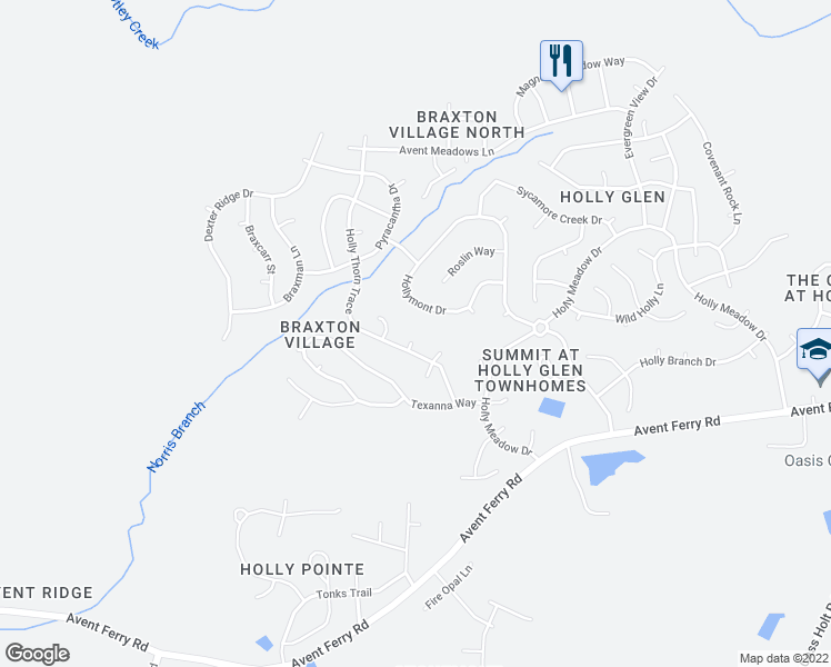map of restaurants, bars, coffee shops, grocery stores, and more near 112 Tyler Gate Lane in Holly Springs