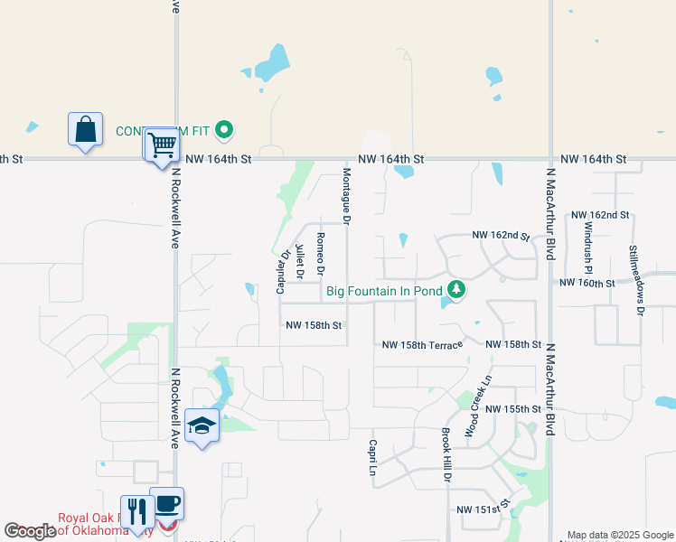 map of restaurants, bars, coffee shops, grocery stores, and more near 16017 Montague Drive in Edmond