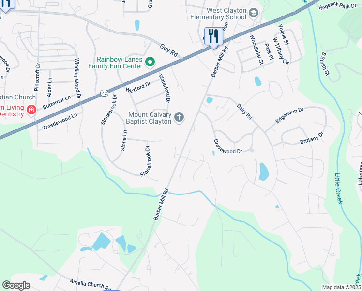 map of restaurants, bars, coffee shops, grocery stores, and more near 337 Will Court in Clayton