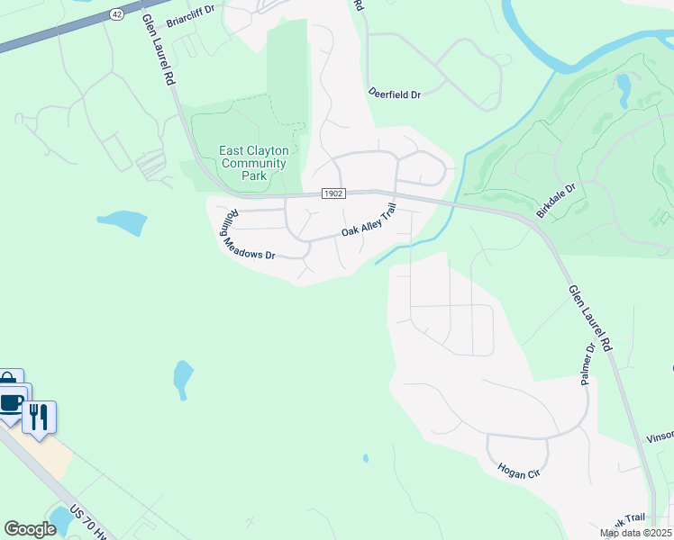 map of restaurants, bars, coffee shops, grocery stores, and more near 98 Hemlock Green Lane in Clayton