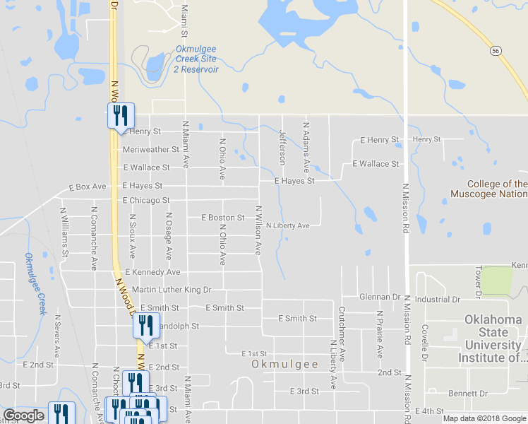 map of restaurants, bars, coffee shops, grocery stores, and more near 1123 North Wilson Avenue in Okmulgee