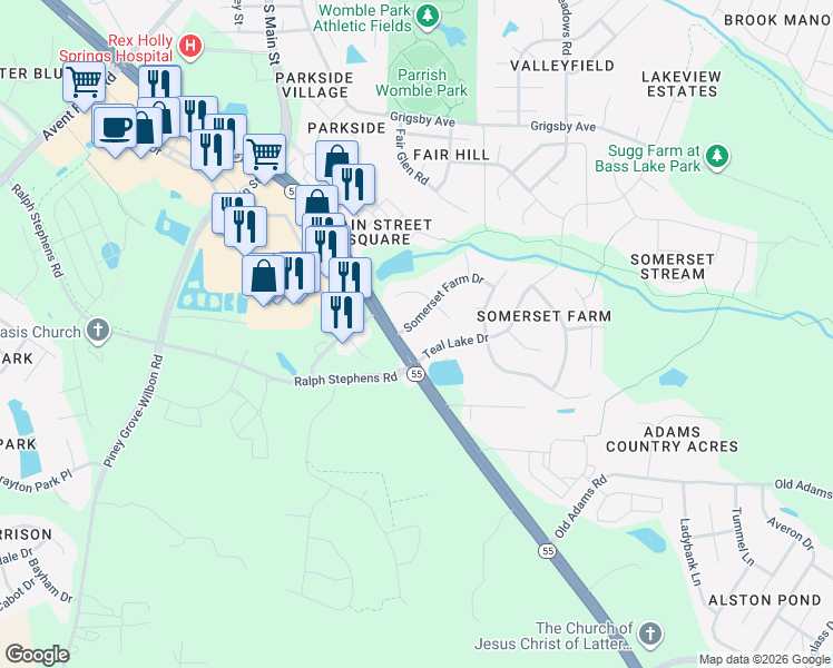 map of restaurants, bars, coffee shops, grocery stores, and more near 101 Somerset Farm Drive in Holly Springs
